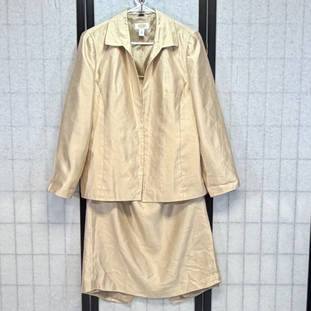 Talbots Silk 2 Pc Skirt Suit 10 Beige Open Front Jacket Slit Maxi Skirt Vintage
